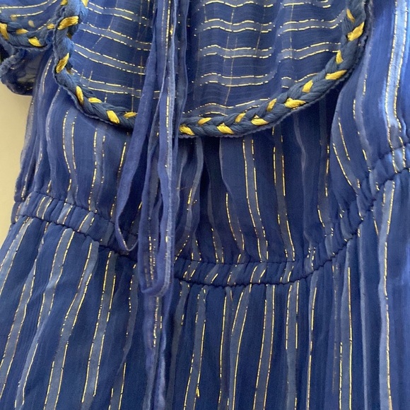 MISA Ambrosia Ruffle Hem Striped Midi Dress‎ Metallic Gold Royal Blue Tiered NEW - Picture 9 of 14
